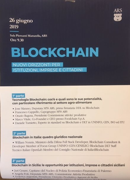 Locandina del convegno Blockchain, 26 giugno 2019, Sala Piersanti Mattarella, ARS